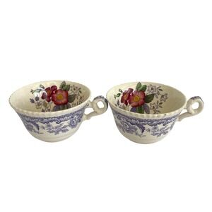 Antique 1800s Copeland Spode Mayflower Teacups Set 2 blue Floral 2/8772 England